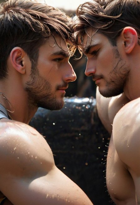 kyle ross, male focus, 2men, full bodies of two handsome 18yo platinum blonde twinks hugging and kissing, close up of faces kissing, holding each other from behind, hugging from behind, face focus, dynamic posture, dramatic angle, camera angle from below, shirtless, stubble, hands on each other's chest, black dog collar, black neck collar, long chain necklace, shirtless, kinky,
skinny muscled, slender muscled, skinny, slender features, narrow shoulders, detailed armband tattoo, cute face, boyish face, perfect biceps, bicep veins, bulging veins, defined veins, great pecs, thin waist, angular face, strong and powerful, sporty, predatory look, feathered hair, long hair, shoulder length hair, great detail, satisfaction, blue eyes, bubble butt, small ass, small butt, tight shorts, 
(Masterpiece, high quality:1.3), masterpiece, depth of field, bokeh, detailed, homoerotic, (homoerotic), highly detailed, sharp focus, intricate, smooth, elegant, fantasy, cinematic lighting, cinematic, masterpiece, matte, photorealistic, 4k, beautiful, volumetric lighting, dramatic, photo-realistic, life-like, high detail, lighting, 8Knematic lighting, 8K, contrast lighting, contrasting lighting, cinematic lighting,