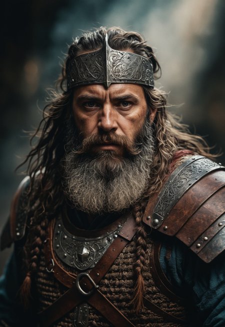 highly detailed and hyper realistic photo, by Alessio Albi , by Anni Albers , by Julian Calle , a strong fantasy dwarf warrior with a long beard and a thick armor , in the style of  space art, limited dark palette, unusual dark colors, faded colors, atmospheric haze, highly dramatic cinematic lighting, motion blur, film grain,  professional, excellent composition, finest details, maximized details, ultimate detail level, masterpiece, best quality