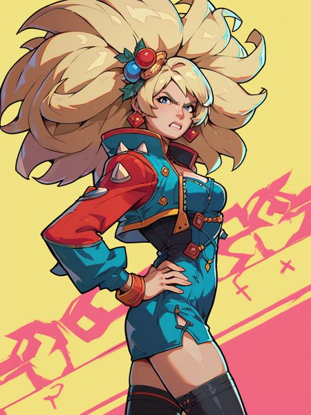 score_9, score_8_up, score_7_up, 1girl, red big hair, open jacket, black thighhighs, long sleeves, blue eyes, front, angry, from side, ornaments, idol, looking at viewer, simple colorful background, hands on hips, cowboy shot, hair ornament,
 <lora:2XKO_style:1>, 2XKO, wide shot,