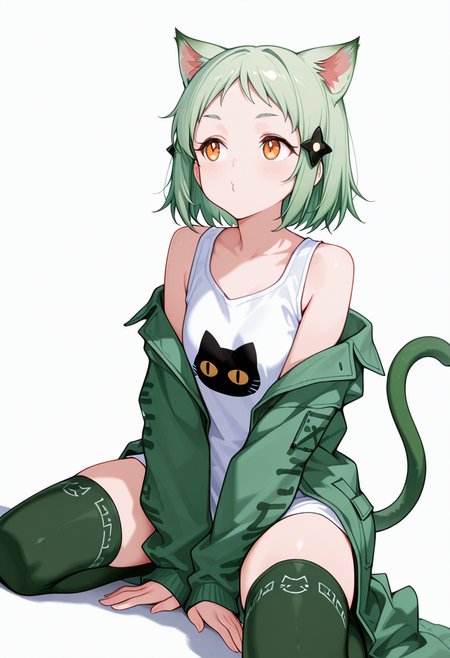 masterpiece,high quality details, absurdres, 
kneeling with thighs apart, hands resting between legs, shoulders slumped  ,
 <lora:Mao_Kusagakure:0.8>
mao_cnr, 1girl, green hair, short hair,orange eyes, cat ears,cat tail,hair ornament,, o3o,, simple background, white background, dutch angle,solo,, long coat ,print shirt,patterned stockings,  ,horn band legwear thighhighs,