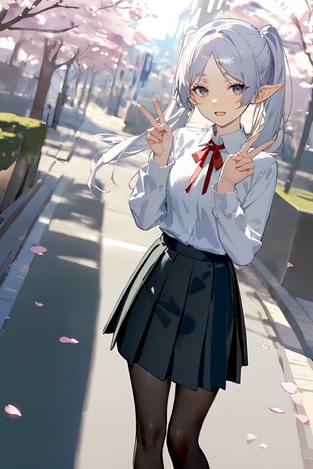 masterpiece, best quality, very aesthetic, ray tracing, newest, (hitenkei, askzy:0.4),1girl, frieren, twintails, solo, school uniform, white collared shirt, sweater, pleated skirt, pantyhose, light smile, double v, looking at viewer, smile, open mouth, outdoors, street, cherry blossoms, petals, depth of field <lora:quality1:0:hr=2>,  <lora:Char-Frieren-XL-V1:0.9>
