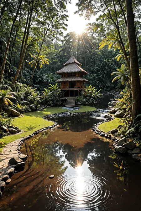 photo, photography, Fujifilm XT3 Viltrox, ((very detailed)), sharp focus, sharp background,  best quality, beautiful landscape, rainforest, jungle, sacred earth, stream, water ripples reflections, (small river pond), rainforest, hut, tribal amazon village, stunning nature environment, (bright sunny sky), high contrast, cinematic (lights), backlight, shadows, lens flare, vibrant colors, colorful, Glowing Moon Yellow flowers and leaves,  <lora:add-detail-xl:1>  <lora:Better Blur Control:1>