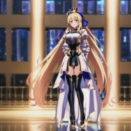 <lora:castoria:1>, 1girl, parted lips, highly detailed, intricate, standing, blurry background, wide shot,  masterpiece, best quality, wallpaper, hdr, high definition, ahoge, blonde_hair, blue_ribbon, breastplate, crown, long_hair, ribbon, thighhighs, yellow_eyes, solo focus, castoria