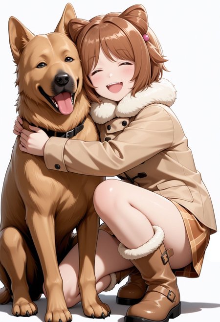 masterpiece,best quality,absurdres,highres,very aesthetic,high quality,detailed,insanely detailed,beautiful,perfect lighting, looking at viewer, looking at viewer <lora:Yuko illu:1> 1girl, open mouth, brown hair, closed eyes, plaid skirt, boots, smile, brown coat, long sleeves, brown footwear, short hair, fur trim, blush, animal ears, fur collar, squatting, jacket, tail, white background, :d, miniskirt, dog, on one knee, hug