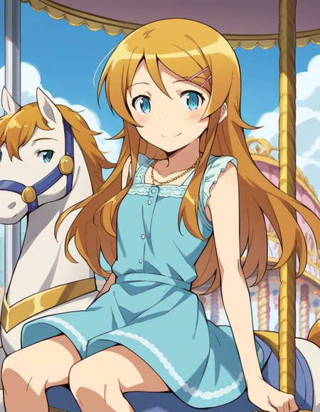 score_9, score_8_up, score_7_up, source_anime, <lora:kirino-kousaka-s2-ponyxl-lora-nochekaiser:1>, kirino kousaka, long hair, blue eyes, hair ornament, hairclip, orange hair, aqua eyes, <lora:carousel-ponyxl-lora-nochekaiser:1>, carousel, sitting, riding,, blush, smile, casual dress, solo,,