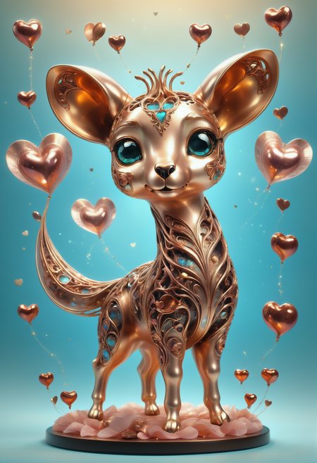 a cute zhibi domestic animal <lora:zhibi:0.8> made out of Jed-ANC <lora:ArtNouveauCopperStyle:0.9>, cuteness overload, surrounded by stardust and floating hearts <lora:heartmiststyle:0.5> in a starLS fantasy landscape <lora:stardustlandscapes-000006:0.7>, (abstract art designed ) , retrofuturism, (acid colors theme:0.7) , lace , sharp and in focus, realistic, beautiful, concept art, highly detail, delicate, cute, unique, complimentary colors, exquisite color