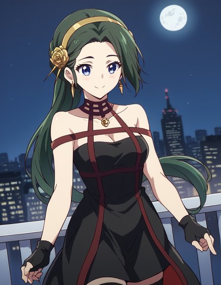score_9, score_8_up, score_7_up, source_anime, <lora:haruhiko-mother-s1-ponyxl-lora-nochekaiser:1>, haruhiko mother, long hair, blue eyes, ponytail, green hair, medium breasts,, <lora:yor-briar-cosplay-ponyxl-lora-nochekaiser:1>, yorbriarcosplay, yor briar (cosplay), bare shoulders, black dress, black gloves, cleavage, dress, earrings, gloves, gold earrings, hair ornament, hair band, jewelry, bare shoulders, collarbone, fingerless gloves, thighhighs, black thighhighs,, cityscape, night, moon, blush, smile, , dutch angle, cowboy shot