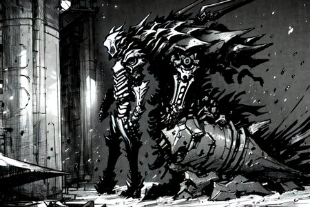 highly insanely detailed, masterpiece, top quality, best quality, highres, 4k, 8k, RAW photo, (very aesthetic, beautiful and aesthetic),  
tsutomu nihei,nihei_tsutomu,blame!,blame gakuen!,abara,TNstyle,sidonia_no_kishi,ventilation fan,ventilation shaft,letterboxed,bridge,walkway,gauna,gauna mech,lantern,toha heavy industries,concrete walls,metal walls,cables,tubes,industrial pipes,light particles,dome,tentacles, 
<lora:ABARA:1>, 
(1girl:1.3), 
solo focus, 
jungle camo background,âââ