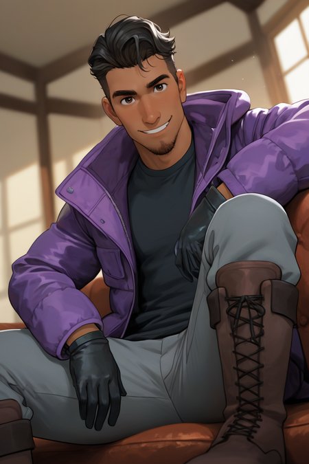 best quality, amazing quality, very aesthetic, absurdres, newest, dynamic angle, intricately detailed illustration, depth of field, masterpiece, volumetric lighting, expressive, dynamic action, masterpiece, perfect, clean detail, clean lines, smooth shading, 
BREAK, simple background, smiling, looking at viewer, casual pose, portrait, winter vibes,
BREAK, 1boy, male focus, solo,coralpablo,black hair,brown eyes,facial hair,goatee,dark skin, purple jacket, black shirt, grey pants, brown boots, black gloves, 