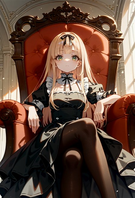 score_9, score_8_up, score_7_up,score_6_up,score_5_up,source_anime, watercolor \(artwork\), rating_safe,
BREAK
1girl, solo, blonde hair, long hair, bangs, blunt bangs,sidelocks, green eyes, black ribbon, straight hair,
alternate costume, inside, room, gorgeous room, throne, sitting, expressionless,crossed legs, low-angle view,(dress, black dress:1.2), black pantyhose, 
 <lora:yuudachi.pony:1> yuudachi, def,