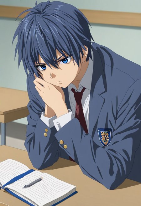 Anime Style, easynegative, detailed_eye_model, Highres, Masterpiece, High Quality, 4K, 8K, solo, 1boy, Tomoya Okazaki, Deep Blue Eyes, Grey Blue Hair, school, school uniform, bench, table, anxious, restless, tired, confused, textbooks, packed lunches, school bags, stuffy