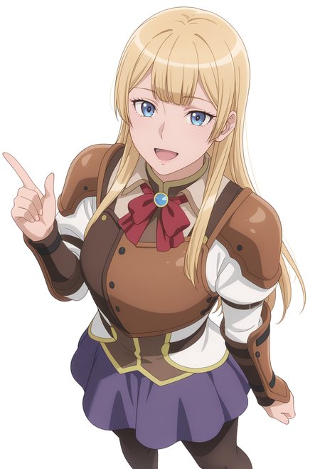 Smooth Quality,masterpiece,beautiful aesthetic, very intricate, high quality details, ultra realistic, high detailed skin,
simple background, white background,
from above,:d,pointing up,
<lora:Rembrandt_Sifcnn:0.7> RembrandtSif/cnn, 1girl, solo, long hair, blonde hair, blue eyes,
pantyhose, skirt, black pantyhose, armor,