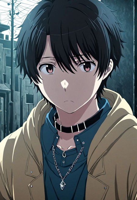 high resolution, solo, best quality, 1Boy, Inaho Kaizuka, Black Hair, bangs, necklace, choker, hair between eyes, Hoodie, OverallDetail