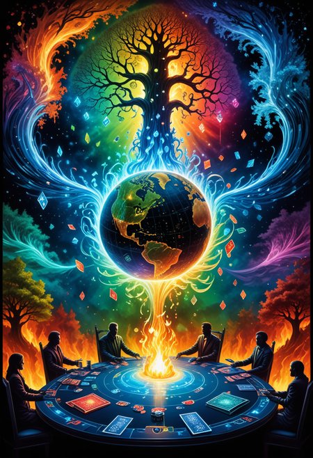 (vibrant canvas illuminated by a cascade of colorful binary code) forming the (silhouette) of a  poker party, earth planet above a poker table,  four elementals playing poker, one fire elemental, one water elemental, one earth elemental, one air elemental, flame, ice, frost, wind, trees, leaves,  intricate details, masterpiece, best quality