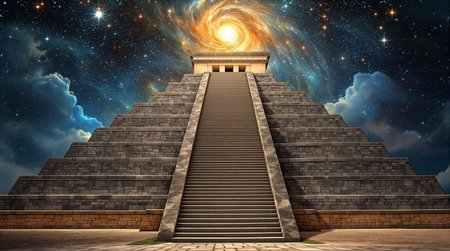 A Mayan pyramid in Yucatan, stairs ascending to the cosmos.