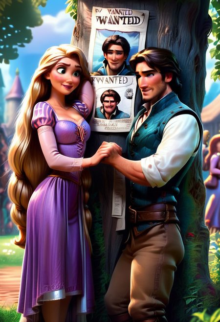 Score_9,  score_8_up,  score_7_up,    FlynnRider, Rapunzel, 1man, 1girl, original style, realistic disney style, leaning on a tree, wanted poster with his image plastered on the trunk