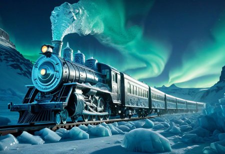 Train made of glistening ice, detailed carvings, steam rising from engine, frozen landscape, towering glaciers, fantastical creatures, Northern Lights shimmer overhead, (hyperrealistic:1.3), cinematic lighting