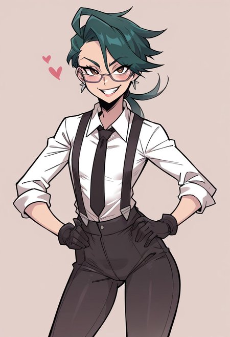 (score_9, score_8_up, score_7_up), (gorgeous, kawaii, cute, sexy, tall), 
BREAK
rika_\(pokemon\),highres,earrings,reverse_trap,flat_chest, small breasts,pixie cut, glasses, l,collared_shirt,suspenders,black_gloves,black_necktie,black_pants,grey_shirt,
BREAK
posing, flirty smile, standing