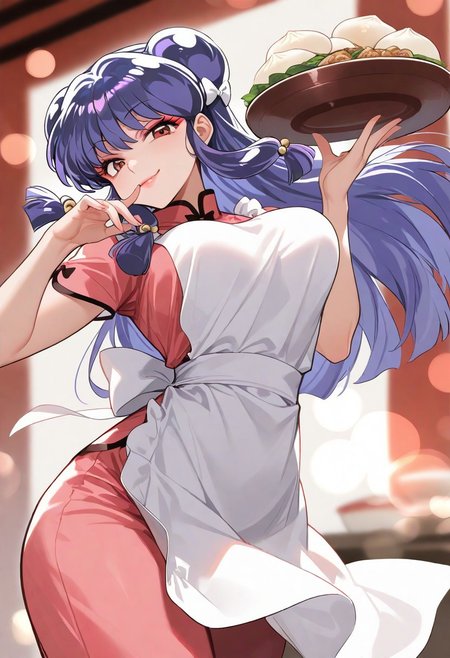1girl,  shampoo /(ranma1/2/), blue hair, Chinese  hair buns, red eyes, pink eyeshadow, lips, waitress, apron, solo, looking at viewer, holding food plate with dumplings, dynamic pose, cowboy shot, from below, chinese restaurant, bokeh, depth of field, masterpiece, best quality, happy, joyful, cheeky smirk, perky breasts,