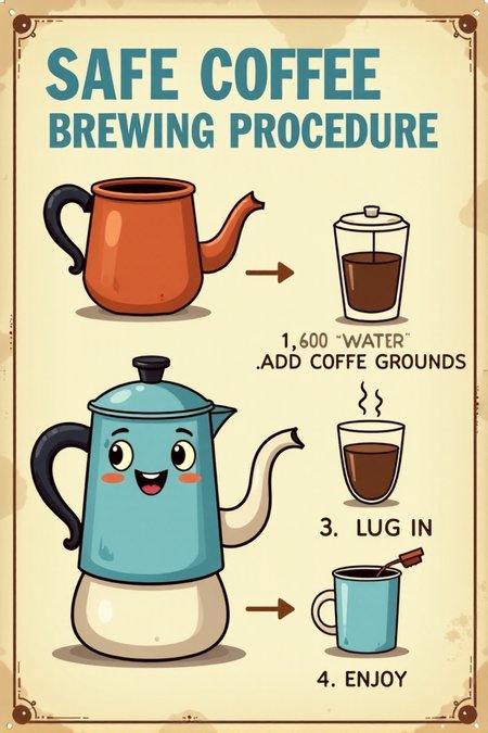 "Visualize a vintage informational safety sign featuring a friendly cartoon coffee pot with a spout that's winking. Next to it are simple step-by-step illustrations showing how to safely operate a vintage percolator: 1. Add Water, 2. Add Coffee Grounds, 3. Plug In, 4. Enjoy! The sign reads in neat blue lettering on a cream background: 'SAFE COFFEE BREWING PROCEDURE.' The cartoon style should be clean and instructional, like a page from an old appliance manual, with clear line drawings and minimal shading. Include small details like arrows pointing to the different parts of the coffee maker. 8k resolution, vintage instructional diagram style, helpful and easy to follow, providing clear instructions for safe coffee preparation."  <lora:REMEs_War_Poster_Style:0.95> In REME's War Poster Style,âââ