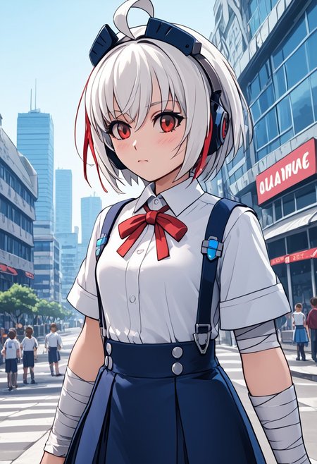 score_4,score_5,score_6,score_7_up,score_8_up,score_9 ((masterpiece,best quality,ultra detailed,highres,HD,4k:1.2)), 
Azure Striker Gunvolt(Main),shining highlights,
1girl, solo,solo focus,girl focus,face focus,
Copen(GV),white hair, ahoge, short hair,sidelocks,red eyes,head gear,
tokyo-3 middle school uniform, suspender skirt, blue skirt, ribbon,short sleeves, suspenders, shirt, red ribbon, school uniform, white shirt, neck ribbon,
((bandaged, bandaged arm, ))
outdoor, standing,city,science fiction, blush,