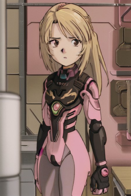 <lora:GameGirl:0.4> 1girl, GameGirl, brown eyes, (blonde hair with pink highlight streaks),  flat chest,  in a technological bodysuit, android exoskeleton,  <lora:evangelion1995Style_v1:1>, in neotokyo at a ramen shop
