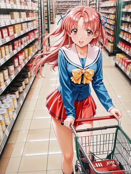 masterpiece,best quality,newest,
1girl,solo,
retro artstyle,<lora:sawatari_honoka_ilxlv1.5:1>,s_honoka,pink hair,hair ribbon,two side up,long hair,brown eyes,
h_clothes,long sleeves,white sailor,blue clothes,yellow bowtie,red pleated skirt,socks,<lora:Fixhands_anime_bdsqlsz_V1:1>,
<lora:shop_00_ilxl_v1.0:1>,shop_00,s_cart,shopping cart,from_side,upper_body,:d,looking_at_viewer,standing,