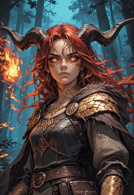 safe_pos, ((zPDXL3)), (score_9, score_8_up), score_7_up, score_6_up, score_5_up, score_4_up, (masterpiece, highest quality, best quality), Digital painting style, brushstrokes, front-shot, low angle, 
1girl, solo, Adult Woman, Slender Build, bronze skin, tan skin, very-long hair, wild hair, red hair, hair between eyes, looking at viewer, orange eyes, slit pupils, black pupils, plain expression, medium breast, (extremely detailed face and eyes), closed mouth, collarbone, outdoors, tree, night, nature, leather armor, forest, in tree, hood, fur cloak, horns, large horns, jewelry on horns, (face scales, neck scales, shoulder scales), casting spell, fire energy, glowing fire, (golden scales:1.2), golden dragon, dragon girl,