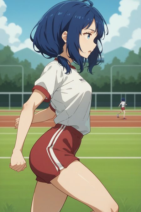 score_9, score_8_up, score_7_up, source_anime, 1girl, prefect lighting, very aesthetic, intricate details, highly detailed background, masterpiece, high quality, prefect hands, best quality, solo,
<lora:Anna_Yanami_Too_Many_Losing_Heroines_V1:.85>, KJOanna, blue hair, blue eyes, medium hair, 
gym uniform, white shirt, short sleeves, gym shorts, red shorts,
low twintails,
school, athletics field, grass, athletic track,
standing, looking to the side, from side, running, open mouth,
(Beautiful,  small Breasts:1.2), natural breasts,