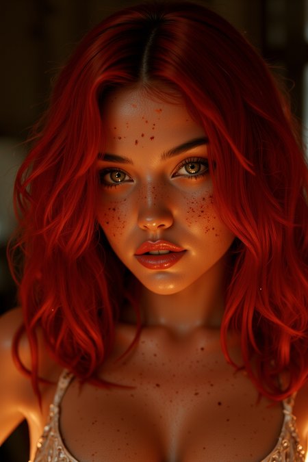 AllisonMixer, hyper realistic 4k resolution photo of a beautiful young woman looking seductively at viewer. Close up shot showing deep reddish skin (covered in ash and embers). Deep red hair that turns into flames near the tips. Image framed in slight flames.