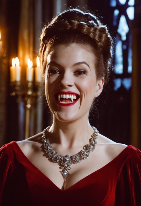 close-up portrait photo of aristocrat vampire woman laughing showing (fangs:1.2), standing in gothic cathedral, victorian red velvet gown, (pale skin:1.2), dark coiffed hair, bun, silver jewelry, dramatic shadows under candlelight <lora:h4mm3r:0.8>