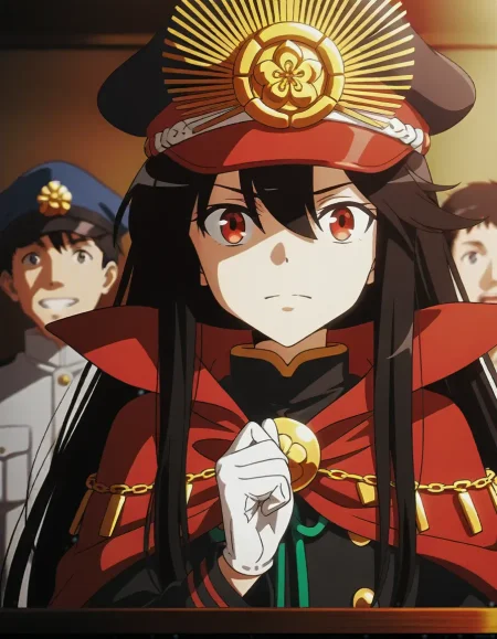 1girl,looking at viewer, 
oda nobunaga \(koha-ace\),fate \(series\), red eyes, hair between eyes, black hair, long hair, very long hair, military uniform, peaked cap, military hat, red cape, military uniform, long sleeves, family crest,
<lora:shinjidai_V3:1>
anime screenshot,anime screencap
(depth of field, bokeh, solo focus, :0.9)
<lora:dmd2_sdxl_4step_lora_fp16:1> 
front view
