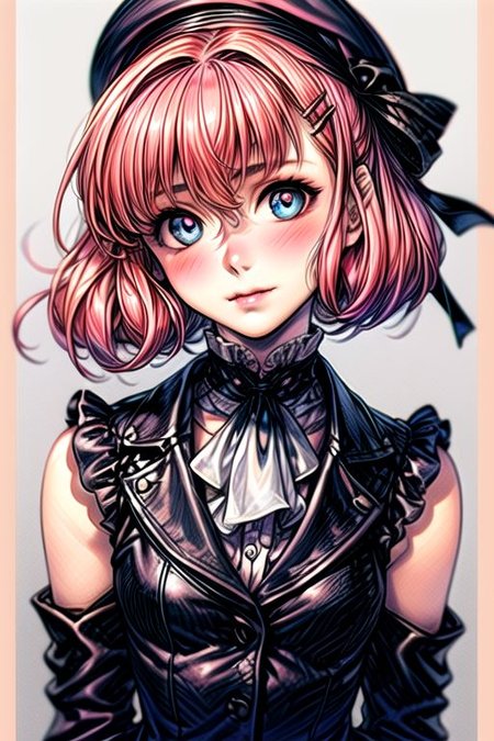 masterpiece, best quality, <lora:lemrina:1>,
lemrina vers envers, 1girl, solo, flower, hairband, dress, blue eyes, bob cut,  short hair, pink hair, blunt bangs, hair ribbon, (best quality) , (highly detailed) ,masterpiece ,absurdres ,detailed face ,beautiful face ,(detailed eyes, deep eyes, anime eyes), 
, headwear removed, hat, smile, , food, hat removed, fruit, black headwear, peach, shirt, holding clothes, looking at viewer, holding, hair ornament, holding hat, center frills, arms up, hairclip, closed mouth, frills, white shirt, sleeveless, alternate hairstyle, white background, ascot, long sleeves,jacket, ribbon, blush, upper body, head tilt, leaf, open clothes, sleeveless shirt, black jacket, buttons, hair between eyes, collared shirt, black ribbon, wing collar, red ascot, coat, off shoulder, hair ribbon, armpits, , puffy sleeves, bow, open jacket, black coat, adapted costume, skirt, border