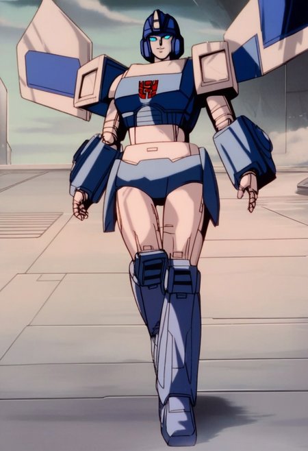 score_9, score_8_up, score_7_up, animation, transformers, 1girl, robot, Decepticon, Tall, slim, Seeker, Starscream glowing eyes, blue eyes, large eyes, circular eyes, white armor, Forard swept wings, transforms into futuristic Stelth Mig Fighter Jet, full body, cowboy shot, smiling, holding null ray blasters, Decepticon Symbol, outer leg armour wrapped around legs (curvy, wider at bottom, knee joint)
 <lora:StarScream1.2:1>