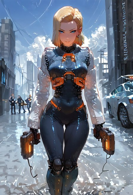 score_9,score_8_up,score_7_up,source_anime, 1girl, (((master piece:1.2))),(((best quality:1.2))),(((ultra detailed))),(((1girl))),(((intricate))),(((anime screencap))),(((very aesthetic:1.2))),((( Cite 17 background))),(((absudres:1.2))),(((embroidered))),(((scenery))),((extremely detailed CG)),(dynamic angle:1.4),vensu bdy woman in sci fi outfit standing on deserted street holding gravity gun, 
BREAK,
half life (series), (android 18 reimagined as a scientist in hev suit from half life 2),breasts, 1girl, blonde_hair, blue_eyes, (dynamic pose:1.4), Cite 17 background, smile, solo, looking_at_viewer, detailled_background, blonde android 18_hair, blush, boots, gloves, standing, cowboy_shot, hev armor style, holding a crowbar, weapon, solo focus, holding, outdoors, covered navel, hev suit bodysuit
BREAK;
(intricate details:1.12), (intricate details, hyperdetailed:1.15), hdr, dystopian sci-fi city, (at day:1.2), cinematic, half life aesthetic, science aesthetic, ominous background, bimbo atmosphere, lustful atmosphere, gray and pastel theme, city background, ground vehicle, motor vehicle, car, building, electric cable, camera, sfw