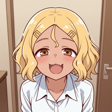 masterpiece, best quality, 32k, high resolution, absurdres, sakura (nagatoro), :3, skin fang, POV, looking at viewer, blush, smile, open mouth, upper teeth only, blonde hair