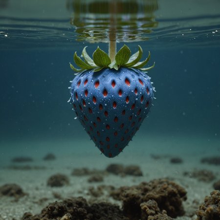 a blue strawberry underwater
