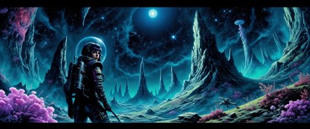 a female galactic explorer in a retrofuturistic astronaut suit is surveying a primordial distant world teeming with life and wonders, the focus is on the alien environment, bioluminescent flora glowing softly in vibrant hues of teal, purple, and cyan, massive, towering plants with translucent leaves reach into the night sky, casting an ethereal glow across the landscape, strange, otherworldly fungi emit a faint luminescence from the forest floor, delicate glowing spores float gently in the air, illuminating the thick, misty atmosphere, jagged alien rock formations rise in the distance, bathed in the soft glow of distant twin moons, the explorer, wearing a sleek spacesuit with a symmetrical elegant futuristic jetpack, looks over her shoulder, seemingly waiting for the viewer to follow, her silhouette partially illuminated by the ambient light of the flora, her figure dwarfed by the grandeur of the surreal landscape, mysterious bizarre extraterrestrial creatures watch from the shadows, the air is thick with an ancient, untouched magic, as if the world itself holds secrets of the universe, james webb space telescope, nebula in the sky, dark corners, <lora:james_webb_space_telescope-flux-by_motimalu:0.4> <lora:style-adventure_comic_book-flux-by_andreac75:0.76> <lora:style-fantastic_landscapes-flux-by_artifyai:0.2> <lora:style-dark_landscapes-flux-by_andreac75:0.52> <lora:image_enhancer-flux-by_dever:0.6>