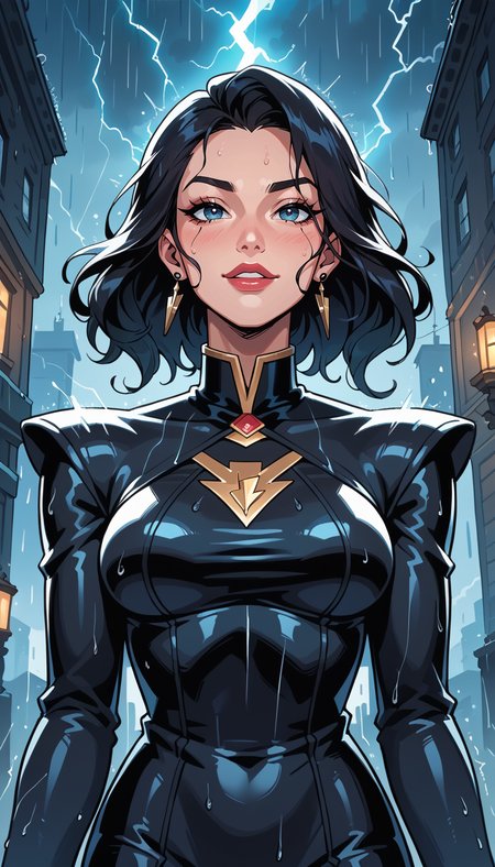 score_9, score_8_up, score_7_up, Western Comics, Portrait, girl, cute, seductive, innocent, light smile:0.3, plump lips, slender body, in a black long wavy decent dress, in heavy rain, storm, thunder and lightning, a dark and vague scene but quite clear and aesthetic in the eyes of the audience, fantasy art, mysterious picture, depth of field, dynamic angle, fashion photography, sharp, hyperdetailed:1.15