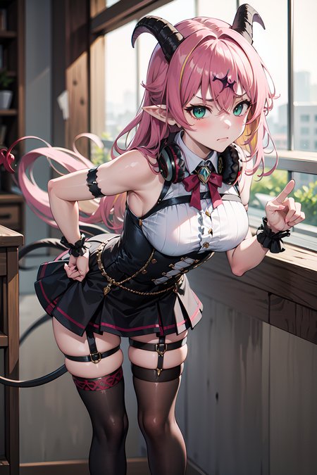 masterpiece, best quality, highres, aloe1, 1girl, solo, pointy ears, multicolored hair, asymmetrical horns, demon horns, hair ornament, blonde hair, chest harness, thighhighs, long hair, asymmetrical legwear, pink hair, sleeveless, bare shoulders, demon tail, thigh strap, wrist cuffs, green eyes, arm strap, skirt, horn bow, mismatched legwear, sleeveless horn ornament, bangs, headphones around neck, uneven legwear, hair between eyes,  <lora:mano_aloe_v10:0.6>, leaning forward, pointing, frown,