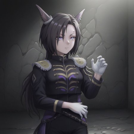 Naruto_Manda, (hybrid snake human), female, purple religious tunic, sleeves, hood, scaly skin, (scales:2), green eyes, reptile eyes, inside cave, human bones on floor, jewelry, holding human skull, airshakurprime, low wings, horse tail, sharp teeth, horse ears, ear ornament, single ear cover, horns, heterochromia, purple eyes, yellow eyes, black jacket, epaulettes, aiguillette, long sleeves, white gloves, black pants, eyebrow piercing, ear piercing