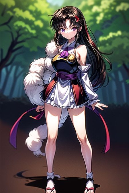 masterpiece,  best quality 1girl Setsun4 solo long hair,  (night time) forest background black hair very long hair purple eyes multicolored hair armor (fur trim) (medium body),<lora:EMS-179-EMS:0.800000>,<lora:EMS-293862-EMS:0.800000>ascot, bare shoulders, black footwear, detached sleeves, embellished costume, frills, japanese clothes, nontraditional miko, red skirt, sandals, sarashi, skirt, socks, armor, miko