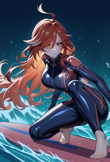 masterpiece, best quality, newest, absurdres, highres, 1girl, mavkRnd, symbol-shaped pupils, red eyes, large breasts, red hair, long hair, ahoge, <lora:Mavuika_illusXLNoobAI_Incrs_v2-000009:1>, 
bodysuit, wetsuit, diving suit, alternate costume, 
surfing, barefoot, surfboard, action, stance, dark, anime, motion lines, motion blur, dynamic pose,