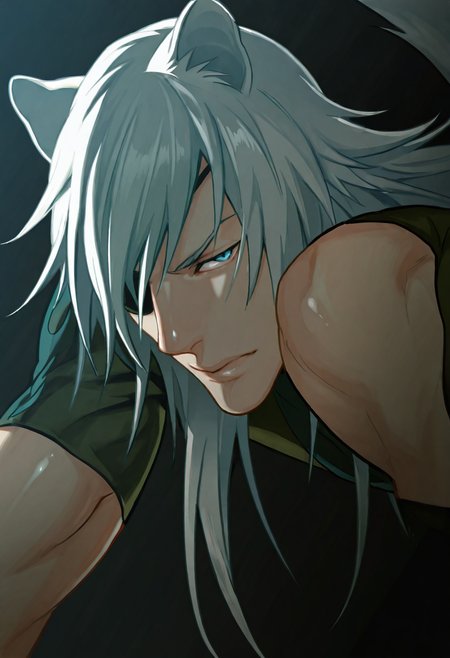 1boy, male focus, Rai_L, Rai_L_silver_long_hair, Rai_L_blue_eyes, Rai_L_wolf_ears, Rai_L_eye_patch, Rai_L_wolf_tail, Rai_L_shirt,  portrait, mouth closed in a subtle pout, lips pressed together, close up:2.8, dynamic seductive pose, dynamic angle, slightly from side, dutch angle, masterpiece, best quality, amazing quality, ultra-detailed, very awa, dark theme, intrinsic background, high contrast, absurdres, cinematic lighting, realistic shading, intricate details, shiny skin, newest, 8k resolution, octane render, <lora:Lamento_Rai:0.8>