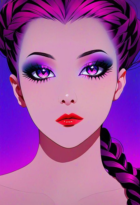 neo noir style portrait of a beautiful woman painted on wall with light, stunning beauty, soft light, pastel colors ,black and purple hair, dark punk, heavy makeup, line art, postmodernism, neo noir,   simple background, glowing lips, lips closed, light smile, masterpiece, natural style,  braided mohawk,, realistic and detailed eyes, beautiful eyes, amazing eyes,kawaii makeup dark makeup, nerd, red glowing lips, bangs,