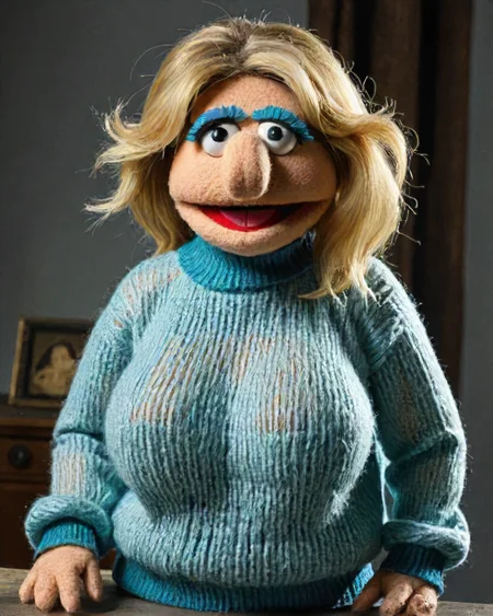 In a felt puppet world style, <lora:Felt-Puppet-base-v1-000008:0.55> BREAK 1Girl, Adult, Mature Female, Giant Breasts muppet wearing Transparent Sweater