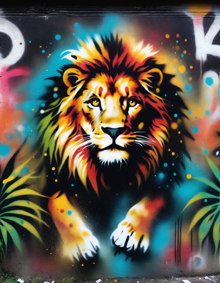 (zavy-fzzgrfft), graffiti spray dots lion in jungle