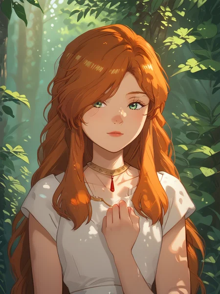 score_9, score_8_up, score_7_up, score_6_up, source_cartoon, upper body, three quarter view, FlammeSSnF, s1_dram, 1 girl, solo, white dress, necklace, ancient greek clothes, short sleeves, long dress, slight orange hair, long hair, green eyes, hair over one eye, smile, 
BREAK
standing, head turned to look at the viewer, body turned to the side, small waist, holding a hand of a child, 
BREAK viewer out of frame, small pale hand of a child, (child out of frame), 
BREAK outdoors, forest, sunlight through leaves
 <lora:princess_xl_v2:0.8> <lora:Smooth Anime Style LoRA XL:0.8> <lora:Expressive_H:0.7> <lora:incase-ilff-v3-4:0.35> <lora:Pony_DetailV2.0:1> <lora:SousouNoFrieren_FlammeXL:0.8> <lora:S1_Dramatic_Lighting_v2:1>, detailed skin texture, (blush:0.5), (goosebumps:0.5), subsurface scattering