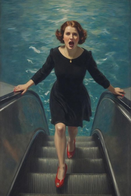 frankowensalisbury1 painting.
a woman in a chic little black dress and vibrant red high heels, gracefully descending an escalator. She wears black lipstick and is screaming. Her attire exudes elegance and sophistication, with the red heels providing a bold pop of color against the classic black dress. The escalator itself, typically found in a mall or airport, leads downwards into an unexpected and dreamlike destination -- pool of rippling water. The water is blue and ripples as the escalator's steps disappear beneath the surface.
 <lora:frankowensalisbury1_cap_d8a4:1.0><lora:863252372661501089:0>