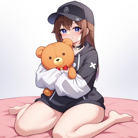 safepos, score_9, score_8_up, score_7_up, score_6_up, score_5_up, zPDXL2, max detail, 4k wallpaper, masterpiece, best quality, absurdres, highres, source_anime, solo, 1girl, DeaverStyle,  wariza, w-sitting, hugging teddy bear, holding Teddy Bear, ((cuddling, snuggling, face rubbing, affectionate)), elated, giggling, front view, SoraStreetwear, long hair, blue eyes, black baseball cap, choker, two-tone hoodie, horizontal stripe, black hoodie, small upper-body, white hoodie, baggy hoodie, no pants, oversized hoodie, small waist, narrow shoulders, wide hips, thick thighs, bottom-heavy, hugging stuffed animal, (barefoot:1.075)